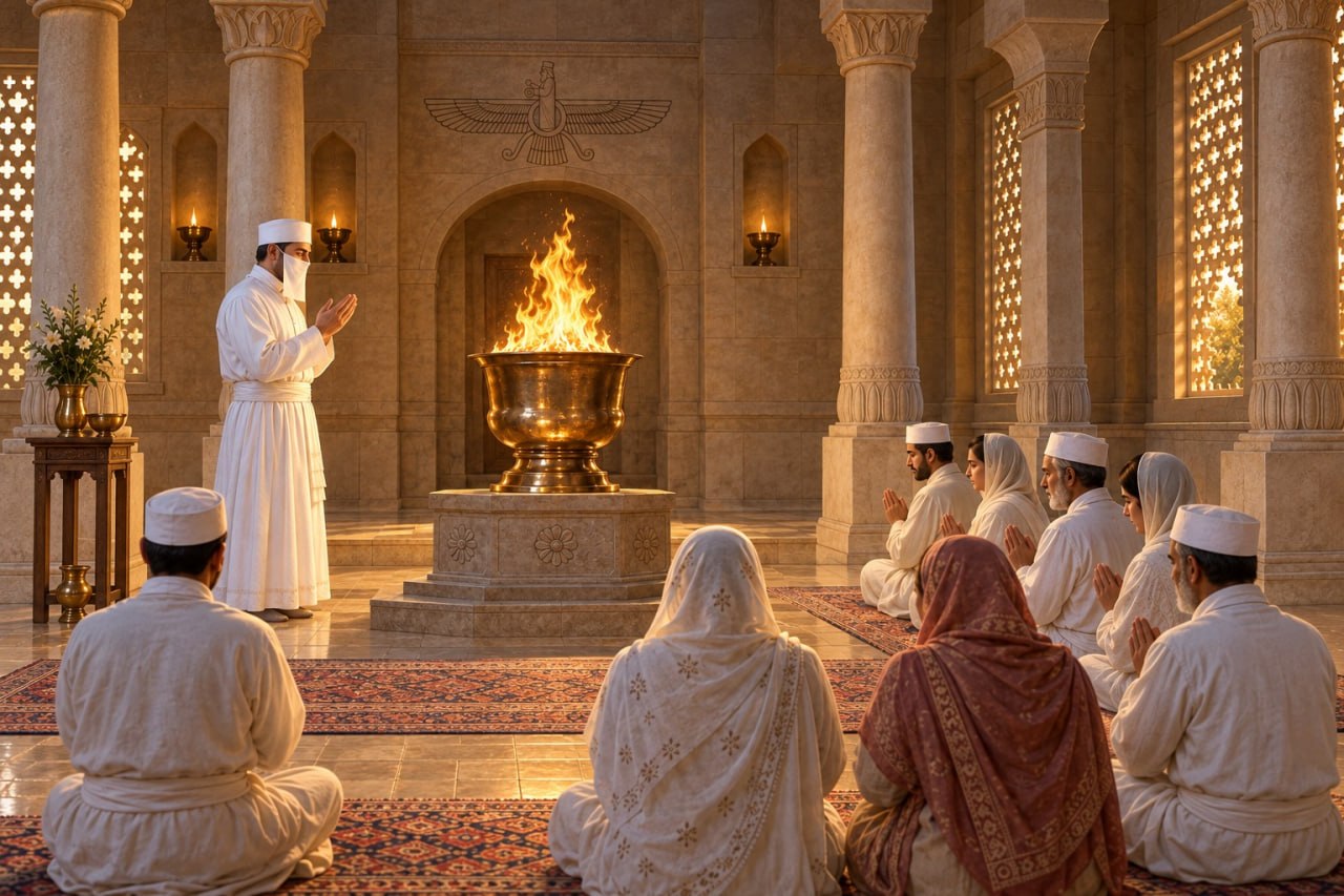Generated image: Zoroastrian Temple With Sacred Fire